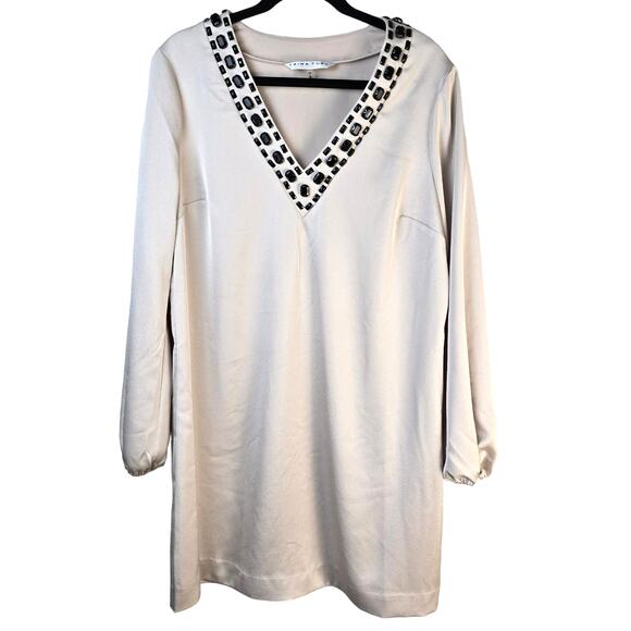 Trina Turk Beaming Dress Women's 12 Oyster Charmeuse Embellished V Neck Elegant - Picture 1 of 10